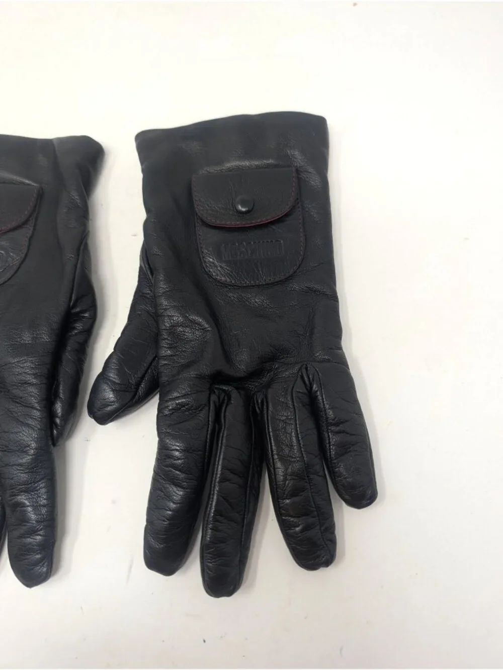 Vintage Y2K Moschino Black Leather Gloves Medium Italy Lambswool